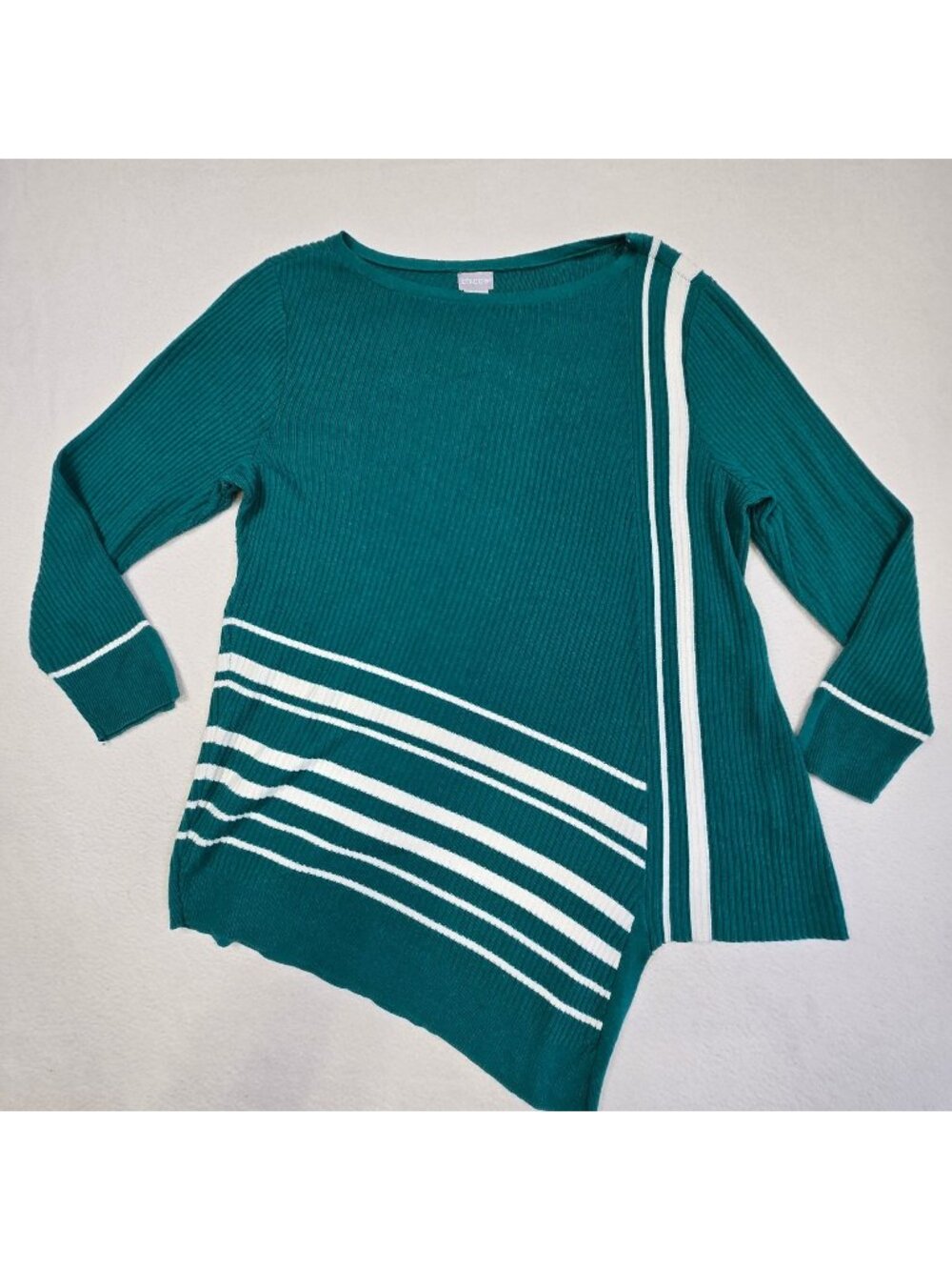 Chicos 2 Large Asymmetrical Sweater Green Striped Knit Long Sleeve